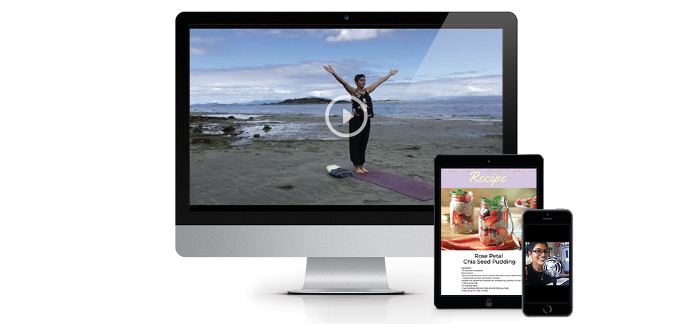 A graphic of a yoga video on a desktop computer, a recipe on a tablet, and a woman facing a microphone on a cell phone