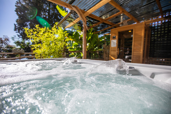 Close up of the hot tub outdoors at the Halfmoon Haven retreat