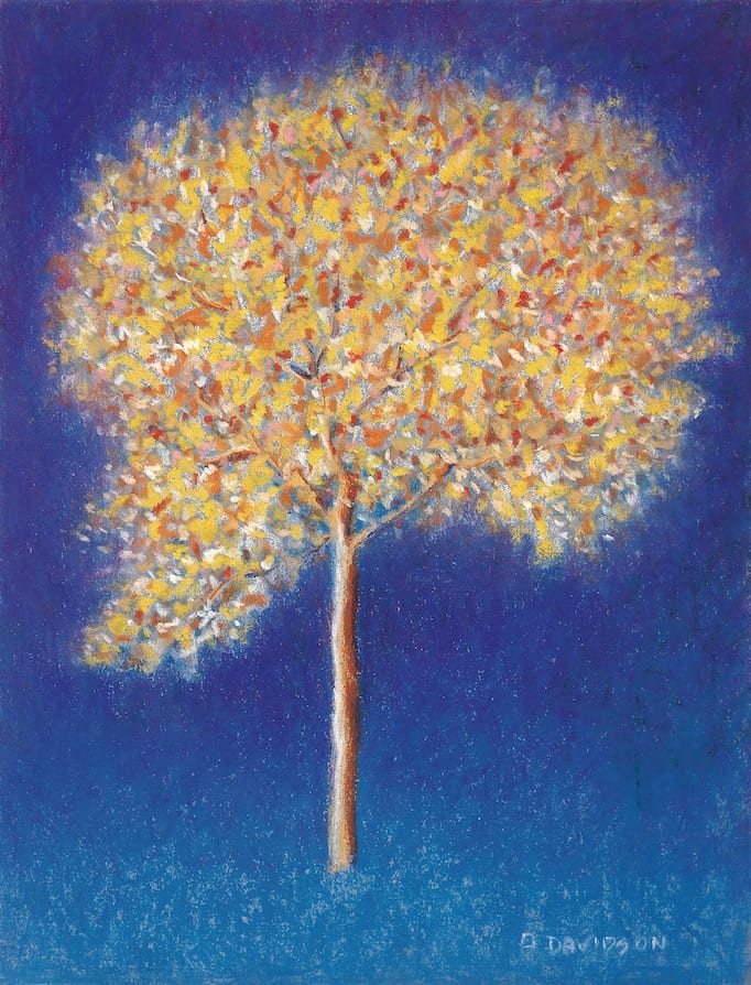 Painting of a colourful leafy tree against a dark blue background, representing hope for caregivers and health care professionals